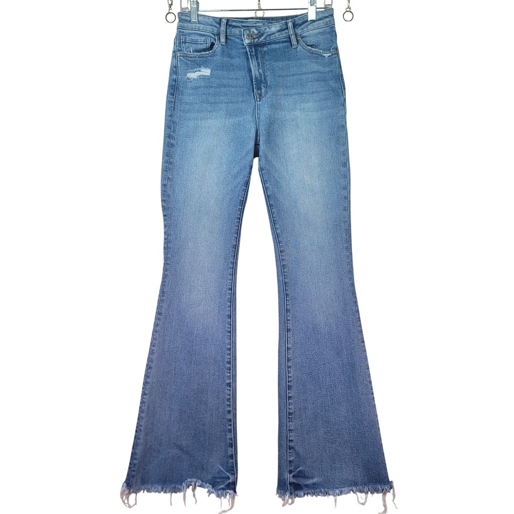 Rockin'C‎ Flare Jeans Womens 28x32.5 Blue Good Distressed Raw Hem High Rise